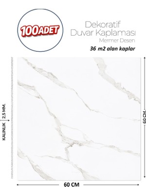 Brano 60X60 cm Kendinden Yapışkanlı Duvar,banyo,tezgah Arası Beyaz Mermer-100 Adet