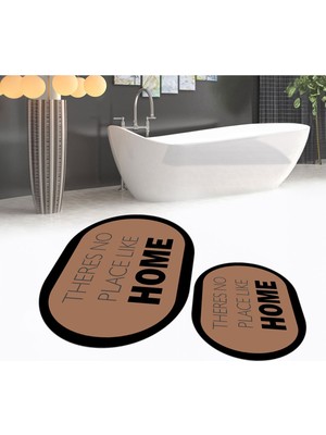 PremiumPort Oval Yıkanabilir Kaymaz Banyo Paspası ve Klozet Takımı Kahve