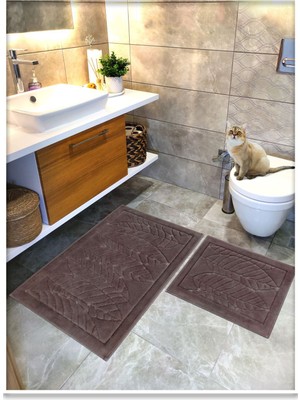 PremiumPort Yumuşak Pamuk Dokuma Banyo Paspas Seti, Yaprak Desenli 2'li 60X100 ve 60X50
