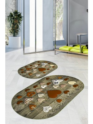 PremiumPort Dijital Baskılı 3D Kaymaz Taban Yıkanabilir Oval Banyo Paspası 2'li Set
