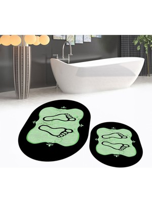 PremiumPort Yıkanabilir Oval Ikili Banyo Paspası ve Klozet Takımı Yeşil