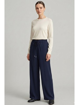 Norshen Lacivert Kadın Belden Lastikli - Bol Paça Pantolon
