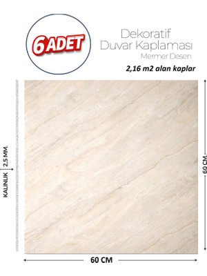 Brano 60X60 cm Kendinden Yapışkanlı Duvar,banyo,tezgah Arası Bej Mermer-6 Adet