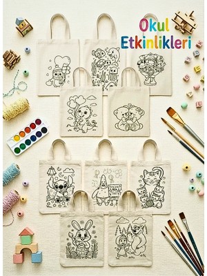 GezegenX Şirin Figürler Desenli Boyanabilir Bez Çanta Okul Aktiviteleri Okul Etkinlikleri-10 Adet Boyut 18X25