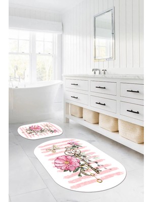 PremiumPort Gül Motifli Yıkanabilir Kaymaz Taban Oval Banyo Paspası Klozet Takımı