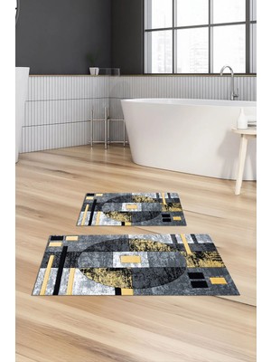 PremiumPort Dijital Baskılı Kaymaz Taban Yıkanabilir Banyo Paspası 2'li Klozet Takımı