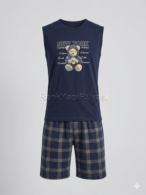 Renk Yapı Rüyası %50 Pamuklu Rahat Kaliteli Yazlık Pijama Takımı,  Shortlu Kolsuz Pijama Takımı Ayıcık Figürlü