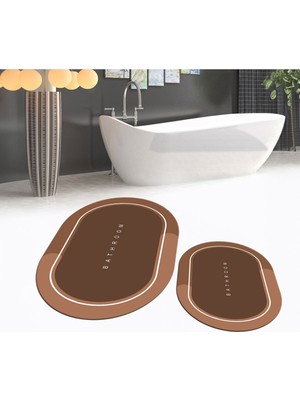 PremiumPort Yıkanabilir Oval Ikili Banyo Paspası, Kaymaz Taban, Kahve Renk