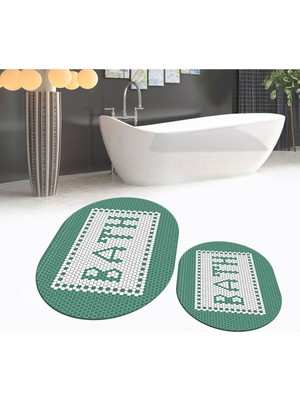 PremiumPort Yıkanabilir Oval Kaymaz Banyo Paspası ve Klozet Takımı Yeşil