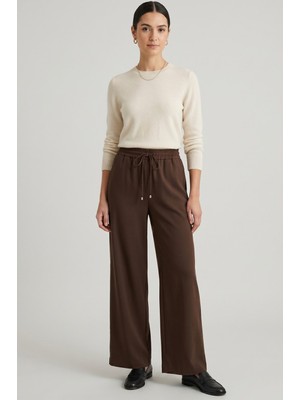 Norshen Kahverengi Kadın Belden Lastikli - Bol Paça Pantolon