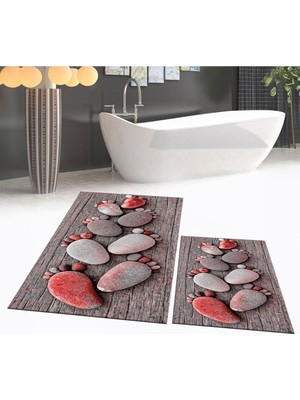 PremiumPort Yıkanabilir Dijital Baskılı Kaymaz Taban Ikili Banyo Paspas Klozet Takımı