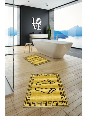 PremiumPort Yıkanabilir Kaymaz Ayak Izi Desenli Çerçeveli Banyo Halısı Takımı