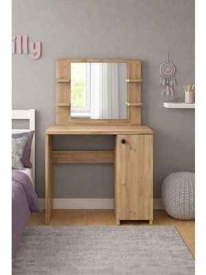 258 MoLife Makyaj Masası 4 Raflı Aynalı Kapaklı Dolaplı Çam Lima