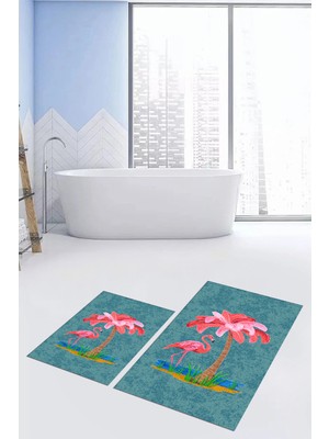 PremiumPort Flamingo Desenli Yıkanabilir Kaymaz Ikili Banyo Halısı ve Paspas Takımı