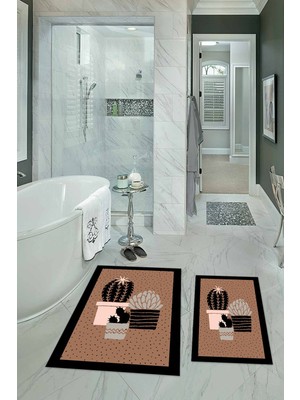 PremiumPort Dijital Baskılı Kaymaz Yıkanabilir Kaktüs Ikili Banyo ve Klozet Takımı