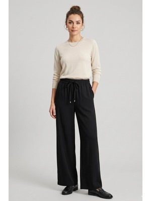 Norshen Siyah Kadın Belden Lastikli - Bol Paça Pantolon