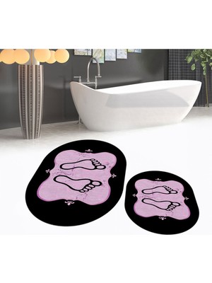 PremiumPort Yıkanabilir Oval Kaymaz Banyo Paspas Takımı, Siyah, Iki Parça
