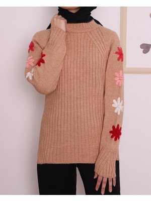 Moda Morfo Kabartma İşlemeli Arkası Uzun Kışlık Triko Tunik -Vizon