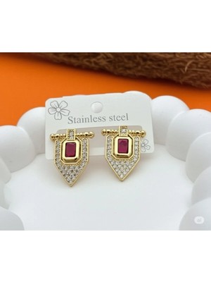 Famemus Accessory Renkli Kırmızı Taş Detaylı Çelik Küpe