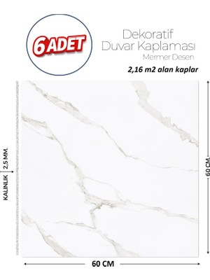 Brano 60X60 cm Kendinden Yapışkanlı Duvar,banyo,tezgah Arası Beyaz Mermer-6 Adet