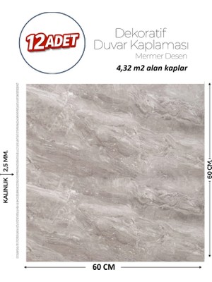 Brano 60X60 cm Kendinden Yapışkanlı Duvar,banyo,tezgah Arası Gri Mermer-12 Adet