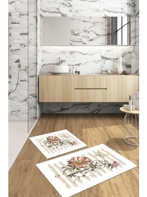 PremiumPort Gül Motifli Yıkanabilir Kaymaz Banyo Paspası ve Klozet Takımı