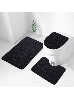PremiumPort 3’lü Siyah Ultrasoft Desenli Banyo Halısı ve Paspas Takımı