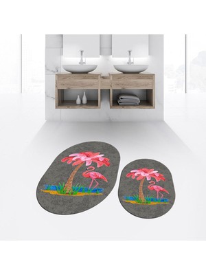 PremiumPort Dijital Baskılı Kaymaz Taban Yıkanabilir Oval Banyo Paspas Takımı