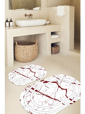 PremiumPort Yıkanabilir Mermer Desenli Oval Banyo Paspası ve Klozet Takımı, Kaymaz Taban
