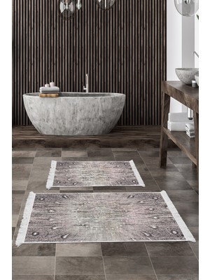 PremiumPort Yıkanabilir Kaymaz Taban Banyo Paspası, Modern Pudra, 50X80CM ve 40X50CM