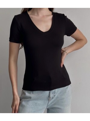 Betnur Kadın V Yaka Rahat Esnek Modal Kumaş Bluz Bady