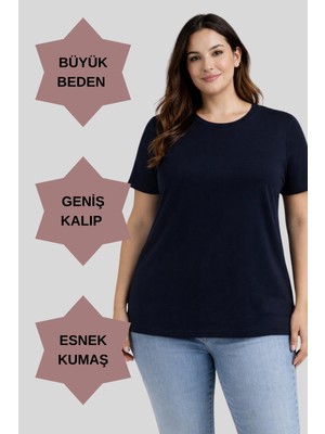 Büyük Beden Yeni Sezon Konfor Modeli  Viskon Ribana Kısa Kol Anne Tshirt-Lacivert