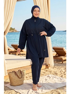Haliç Mayo Büyük Beden Spor Likra Tam Kapalı Tesettür Mayo 6291 Koyu Lacivert