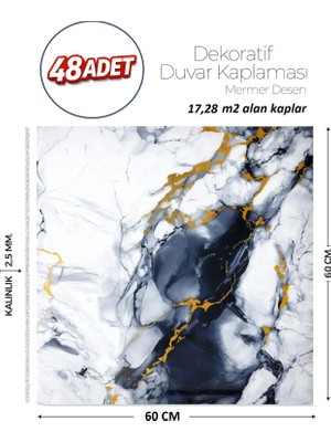 Brano 60X60 cm Kendinden Yapışkanlı Duvar,banyo,tezgah Arası Mavi-Siyah Mermer-48 Adet
