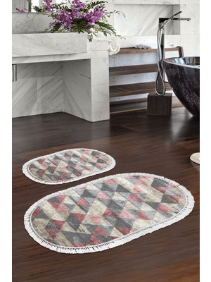 PremiumPort Yıkanabilir Oval Banyo Paspası, Eko Trend Djt 2 Li, Pudra, 50X80 & 40X50