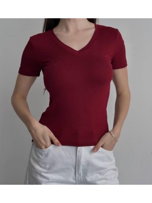Betnur Kadın V Yaka Rahat Esnek Modal Kumaş Bluz Bady