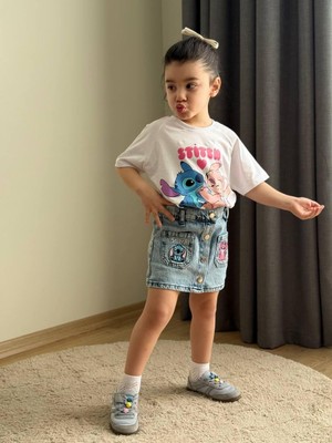 Cg Kids Stitch Kız Çocuk Tshirt & Etek Stitch Nakış Işleme Detaylı Alt Üst Takım