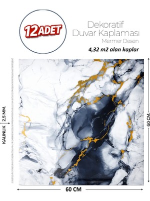 Brano 60X60 cm Kendinden Yapışkanlı Duvar,banyo,tezgah Arası Mavi-Siyah Mermer-12 Adet