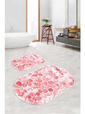 PremiumPort Dijital Baskılı 3D Kaymaz Taban Yıkanabilir Oval Banyo Paspası 2'li Set