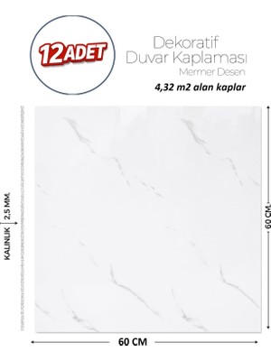 Brano 60X60 cm Kendinden Yapışkanlı Duvar,banyo,tezgah Arası Beyaz Mermer-12 Adet