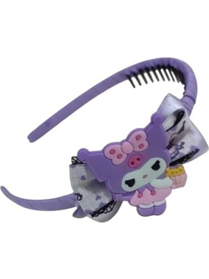 Famemus Accessory Kuromi ve Saten Fiyonk Figürlü Dantel Detaylı Mor Renk Kurdale Sargılı Taraklı Taç