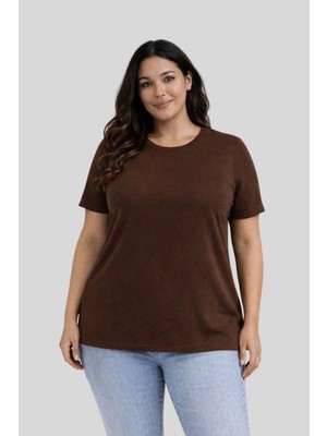 Büyük Beden Yeni Sezon Konfor Modeli  Viskon Ribana Kısa Kol Anne Tshirt-Kahve
