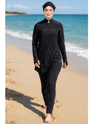 Haliç Mayo Likralı Yarım Fermuarlı Bilek Geçirme Detay Tam Kapalı Tesettür Mayo 6174 SIYAH01