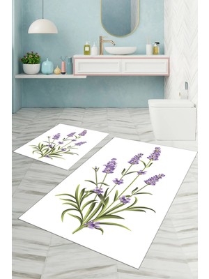 PremiumPort Yıkanabilir Çiçek Desenli Banyo Paspası ve Klozet Takımı Seti