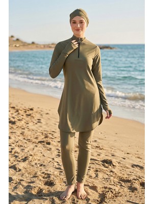 Haliç Mayo Likralı Yarım Fermuarlı Bilek Geçirme Detay Tam Kapalı Tesettür Mayo 6174 Haki