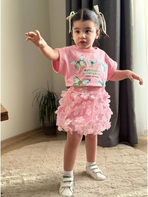 Cg Kids Kelebek Baskılı Pembe Kelebek Işlemeli Etekli Kız Çocuk Alt Üst Takım Süper Kalite
