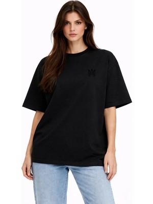 Camblys Unisex Amiri Klasik Logo Ön  Baskılı Oversize Kalın Kumaş Bol Kesim Pamuklu T-Shirt