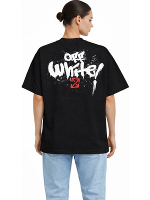 Camblys Unisex Off White Spray Desenli Sırt Baskılı Oversize Kalın Kumaş Bol Kesim Pamuklu T-Shirt