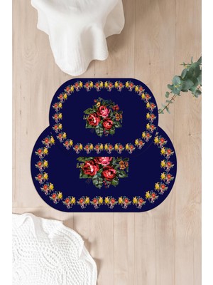 PremiumPort Yıkanabilir Çerçeveli Çiçek Desenli Oval Banyo Paspası ve Klozet Takımı