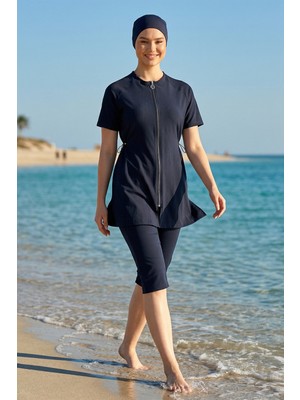 Haliç Mayo Genç Kız Spor Likra Kısa Kollu Yarı Kapalı Tesettür Mayo 6369 Koyu Lacivert